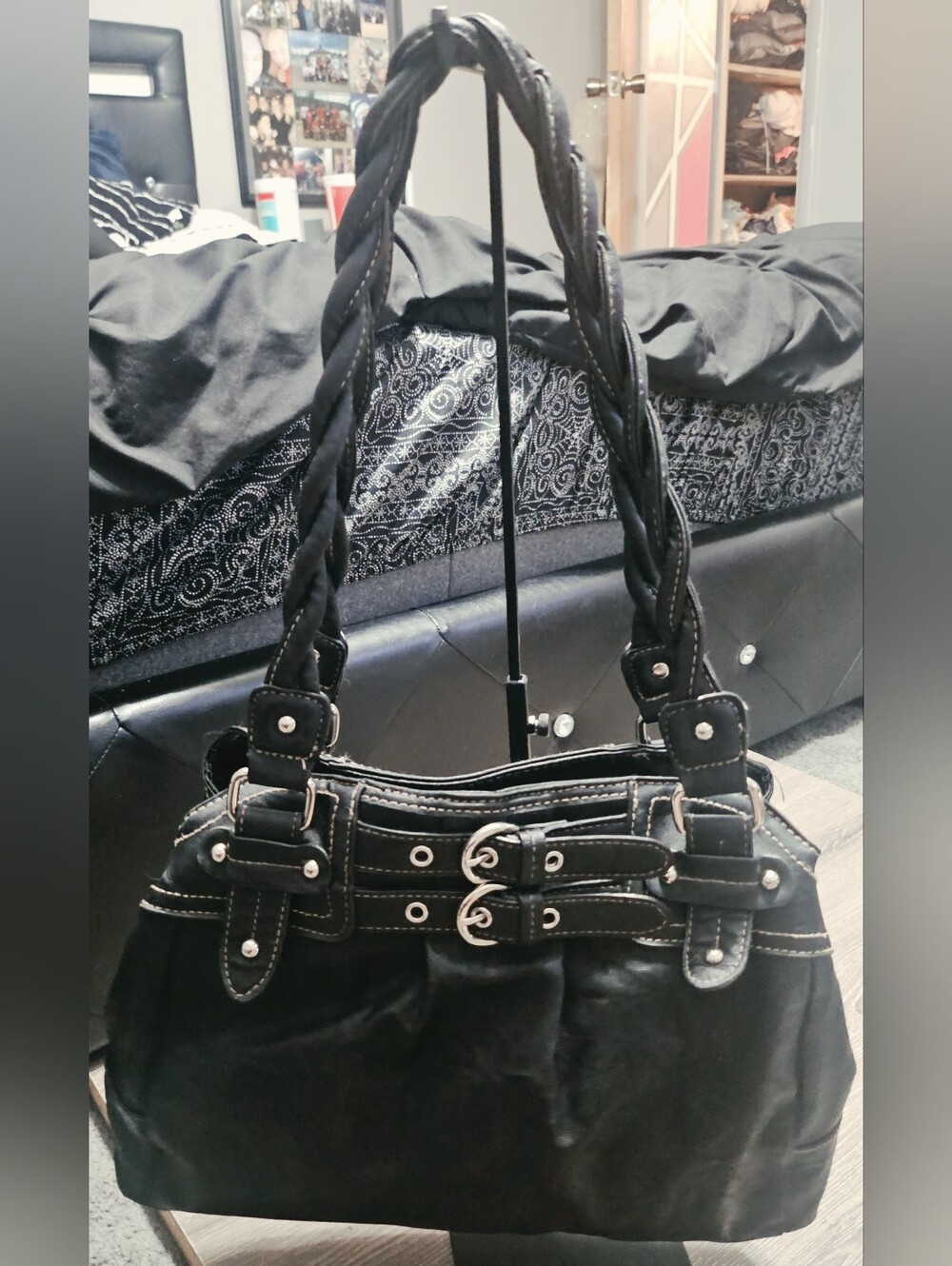 Rosetti Braided Straps Shoulder Bag Purse Black Leather